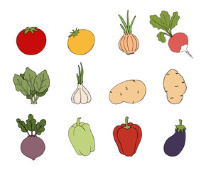 Vegetables doodle drawing collection. Hand-drawn vector illustrations of colored doodles isolated on a white background. Tomato, onion, spinach, pepper, garlic, potatoes, beetroot, eggplant, radish.