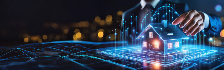 Fototapeta premium Hologram of a house and design in Real Estate project. Future Concept Simulation and connect Connect to Augmented Reality Metaverse .AI Generated
