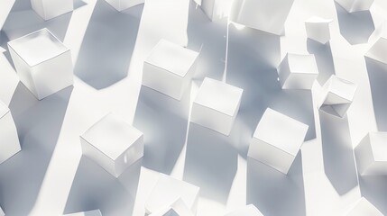 Minimalist white abstract background with 3D illusions of floating cubes and intricate shadow play.