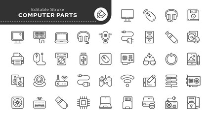 Computer parts - series. Monitor, laptop, mouse, keyboard, system unit, motherboard, CD player and other components. Set of line icons in linear style. Outline icon collection. Conceptual pictogram
