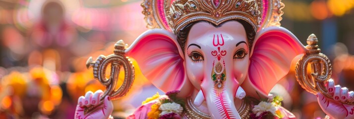 Fototapeta premium Vibrant ganesh chaturthi processions with adorned idols and traditional attire in colorful display