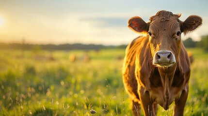 Close-up of a brown cow standing in a grazing field with clear skies and warm sunlight looking towards the camera. Farm and industry producing fresh milk and draft meat.