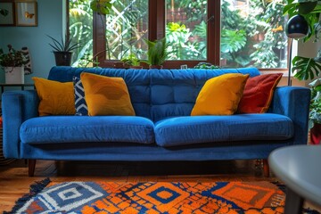 Cozy living room with blue sofa and colorful cushions, featuring large windows and lush greenery, creating a vibrant and inviting interior space