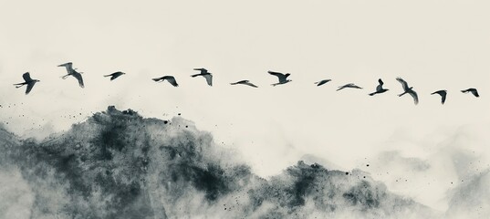 A group of birds flying in the sky, in the style of Chinese ink painting, simple background, black and white tones,