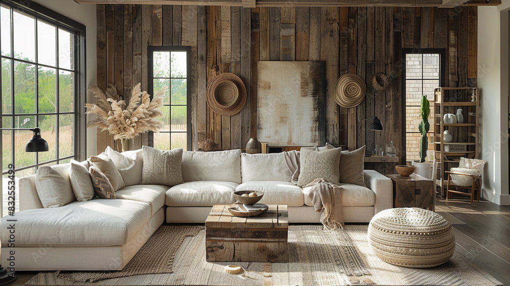 Wall mural Rustic charm meets modern comfort in a living room adorned with reclaimed wood accents and cozy textiles. - Wall murals