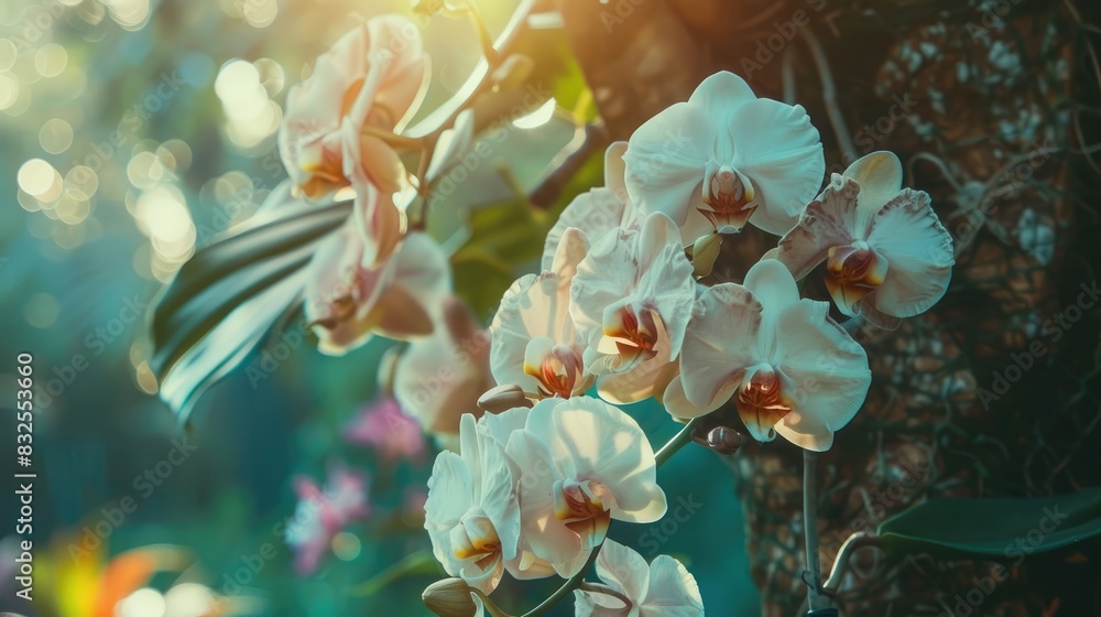 Poster blooming orchid flowers on a tree