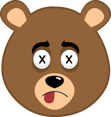 vector illustration face brown bear grizzly cartoon, with crosses eyes in concept of dead character