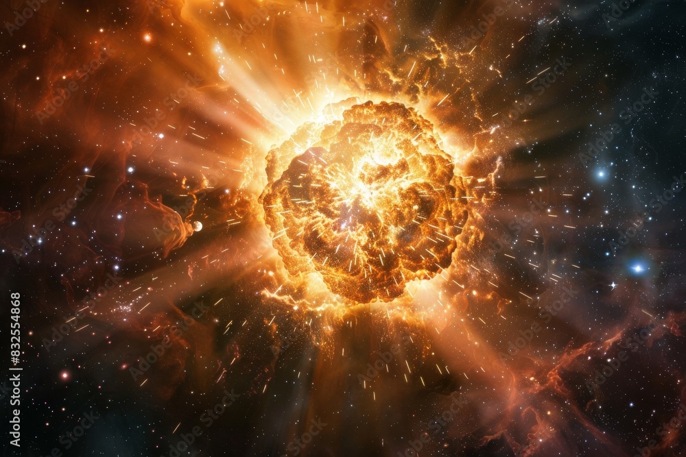 Poster an exploding star releasing a burst of energy and light, illustrating the dramatic event of a supern