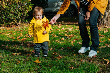 Little boy walking in autumn park with his mother.