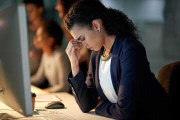 Woman, desk and stress in office with headache, fatigue and overworked in workplace. Burnout,...