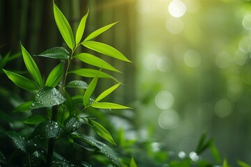 Close-up of fresh green bamboo leaves covered with dew drops, set against a blurred background with...