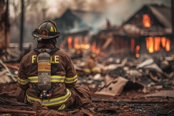 A solemn firefighter sitting on the ground, gazing at the aftermath of a devastating urban fire.