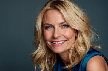 Fototapeta premium Studio Portrait of a Radiant 40-Year-Old Blonde Woman with a Bright Smile and Blue Eyes