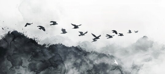 A group of birds flying in the sky, in the style of Chinese ink painting, simple background, black and white tones,