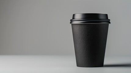 Close-up of black paper coffee cup with black lid isolated on gray background with copy space for add text.