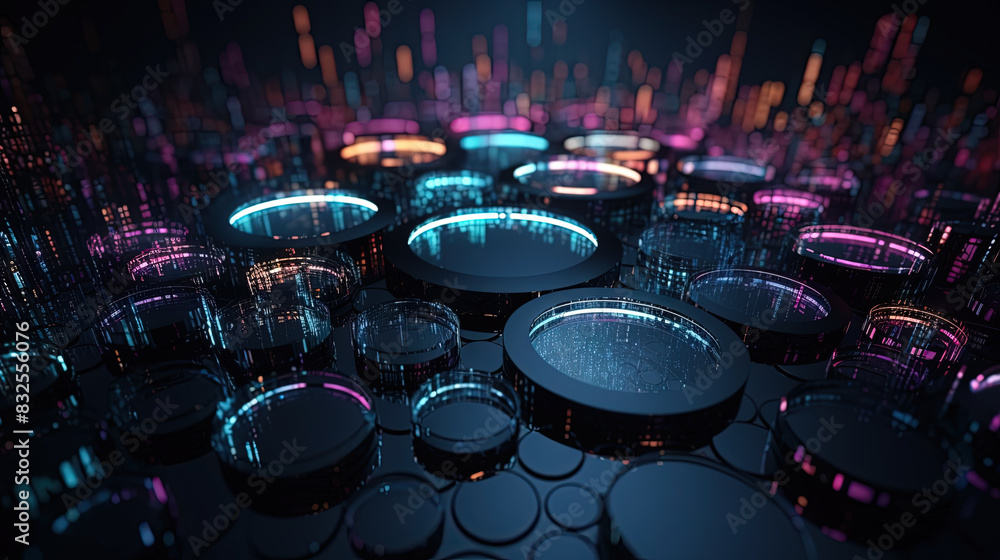 Poster Technology abstract background with hud styled round interface elements in neon tech light.