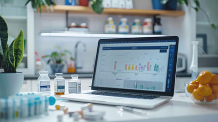 Laptop computer with genetic research software screen. Biotechnology computer with software to study or analyze DNA data. Genetic Engineering Laboratory.