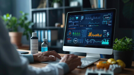 A scientist working on biotechnological computer software to study or analyze DNA data. Genetic Engineering Laboratory. A laptop computer with a genetic research software screen