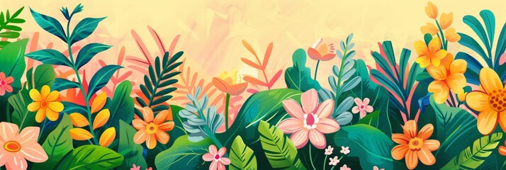Vibrant Tropical Floral Background with Lush Greenery and Colorful Flowers