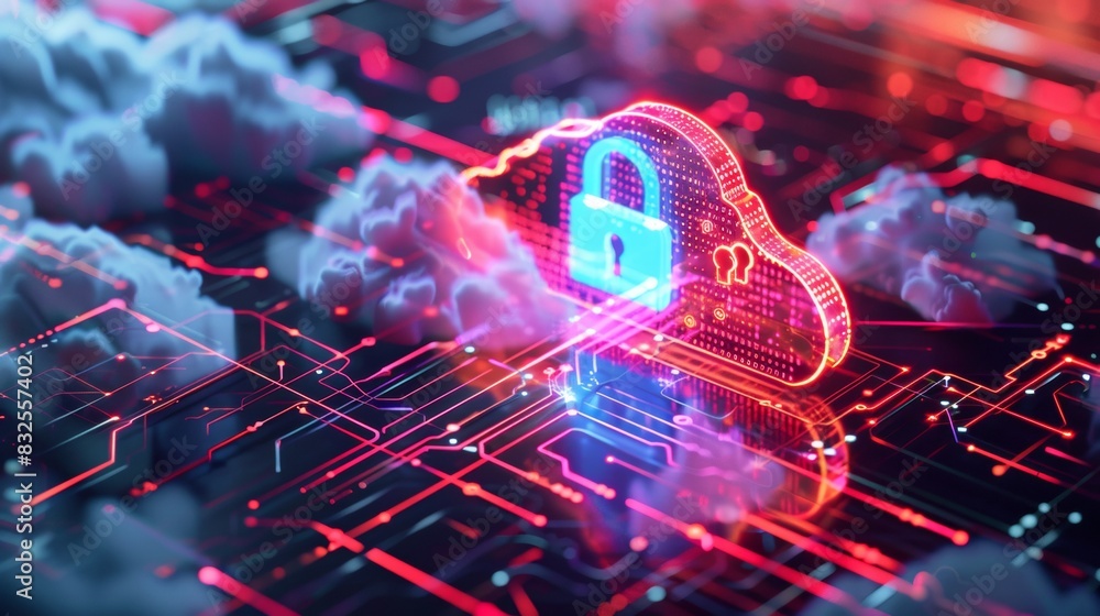 Poster 3d rendering of a data cloud with a glowing neon padlock icon on top,