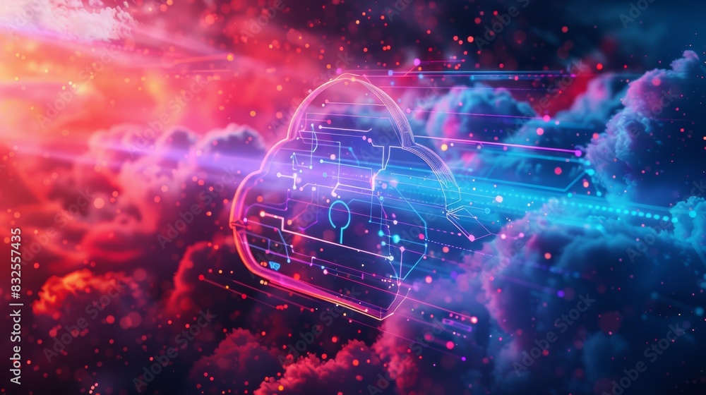 Poster 3d rendering of a data cloud with a glowing neon padlock icon on top,