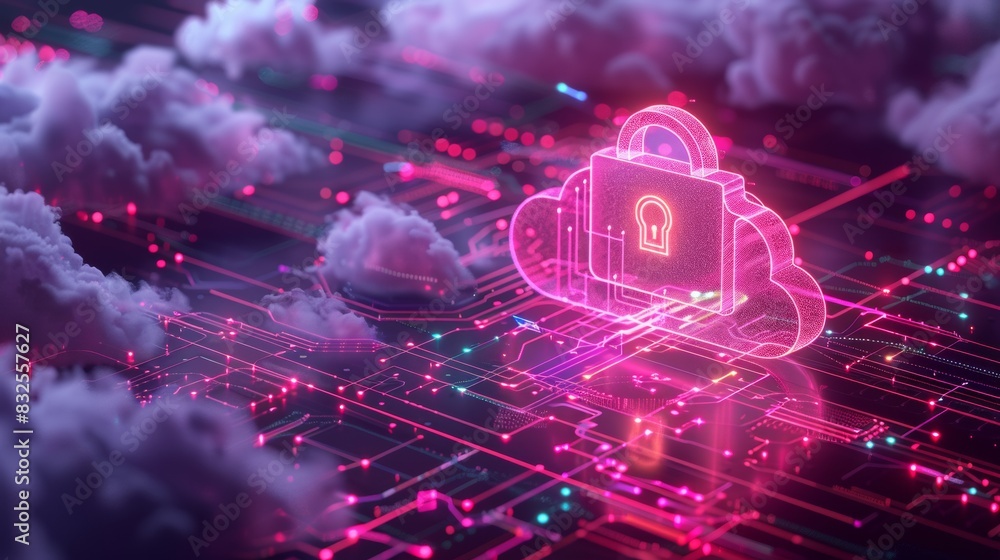 Poster 3d rendering of a data cloud with a glowing neon padlock icon on top,