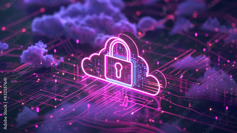Poster 3d rendering of a data cloud with a glowing neon padlock icon on top,