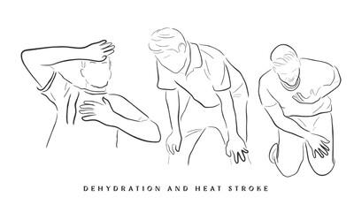 hand drawn line art vector of heat stroke. Risk factors and precautionary measures against it.