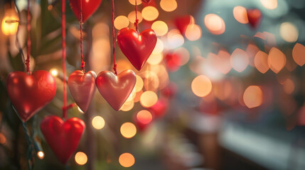 A string of red hearts hanging from a tree - Powered by Adobe