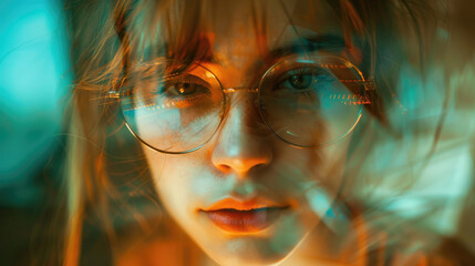 Closeup portrait of a stylish young woman wearing glasses in artistic lighting