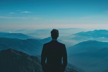 Close-up silhouette of a business person looking out over a vast mountain landscape, embodying the synergy between professional aspirations and the grandeur of nature. The image captures the serene