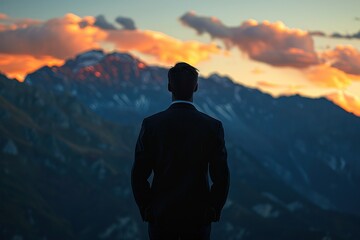 A close-up silhouette of a businessperson against a mountain scene, capturing the essence of contemplation and idea generation. The image reflects the tranquility and inspiration drawn from nature,