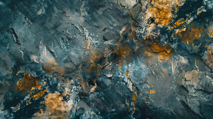 A painting of a rocky landscape with a blue and orange color scheme