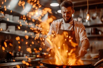 Fototapeta premium chef in professional kitchen tossing ingredients in a large flaming pan, sparks and fire leaping up