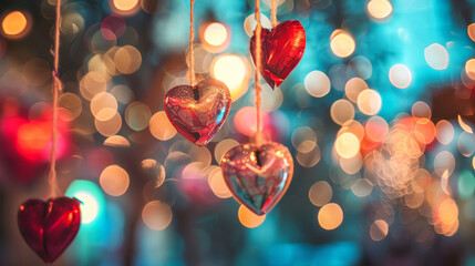 A bunch of red heart shaped ornaments hanging from a string