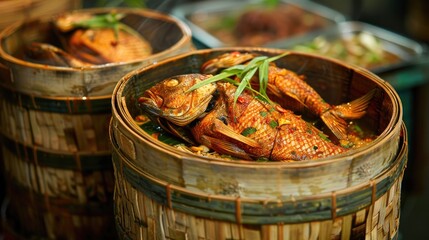 Traditional way of serving fish cooked in bamboo containers