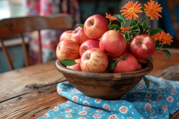 Rustic wooden table with a bowl of fresh apples, capturing the charm and simplicity of a country kitchen setting