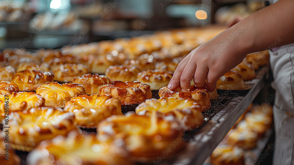 Poster a person is touching a tray of pastries. the pastries are arranged in rows and are golden brown