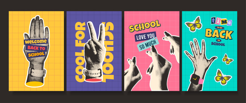 Posters and covers of back to school theme. Collage halftone hands with different gestures. Trendy school, college, university and educational template collection.