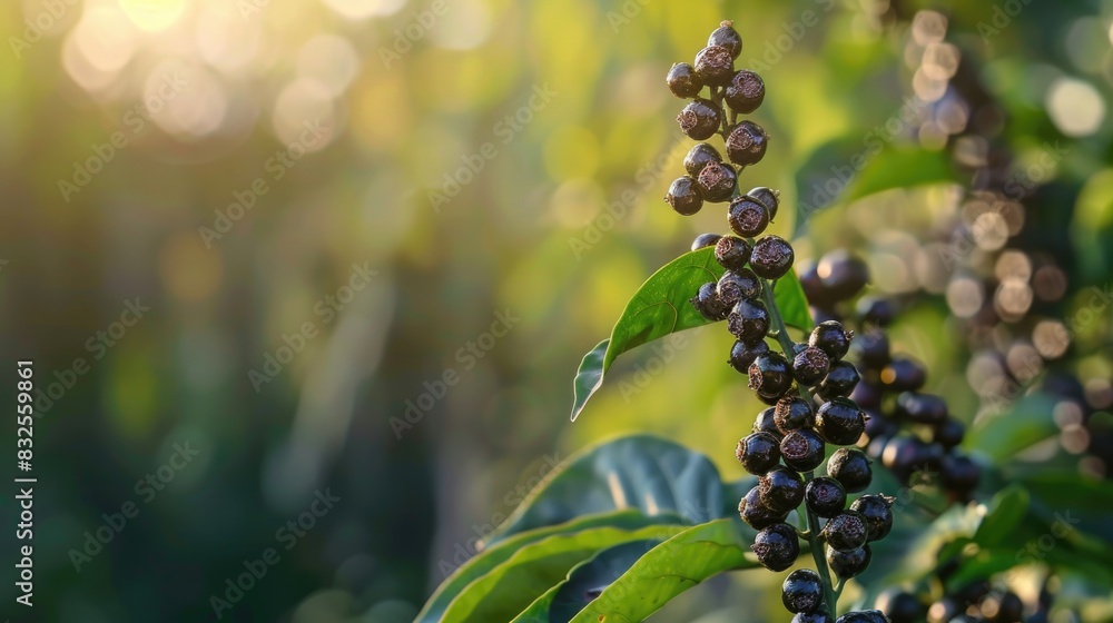 Poster black pepper ready for harvest with a blurred backdrop