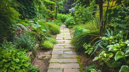 Naklejka premium A serene garden path lined with brown stone tiles and surrounded by lush green foliage and flowering plants