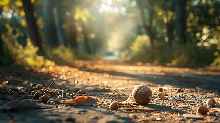 A solitary acorn lying on a forest path, its shadow stretching towards the tree canopy