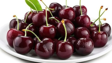 Fresh cherries with water droplets on a white plate, on a white background
