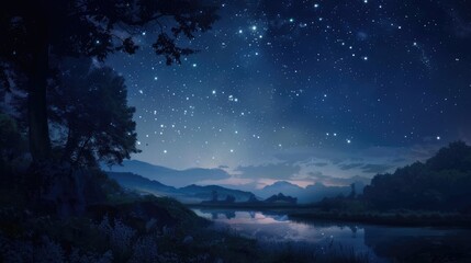 Naklejka premium A serene landscape with a sky full of twinkling stars, providing a stunning backdrop for a peaceful night scene