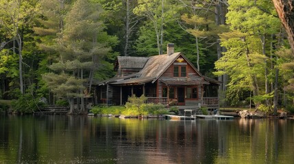 A serene lakeside cabin with earth-tone exterior, surrounded by trees in shades of green and brown