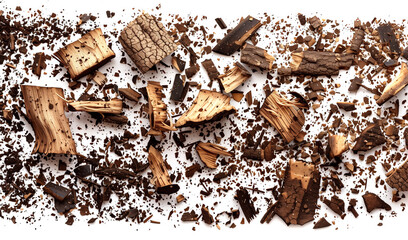 Wood pieces and dust, crushed tree bark isolated on white background, organic texture, top view --ar 16:9 --style raw --stylize 800 Job ID: cff8f31e-6a5a-4de3-b26c-1ae15bb1acc6