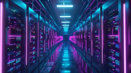 Fototapeta premium Blockchain mining farm with neon rows and wide racks, highlighting relentless computation and cryptocurrency creation. Perfect for illustrating digital gold and futuristic technology