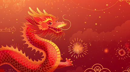 Cute Chinese dragon on a red background with fireworks in the sky, creating a traditional festival atmosphere