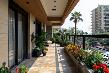 Elegant balcony with lush plants and city view, creating a serene and inviting outdoor space for relaxation