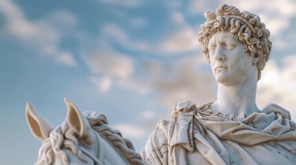 Obraz premium Antique marble sculpture depicting a man with a horse against a blue sky landscape